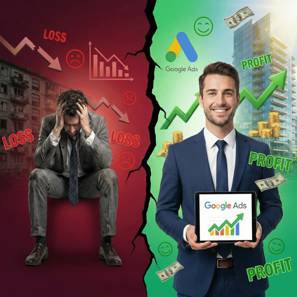 A sad real estate agent sitting on the left side of the picture and a happy real estate agent on the right side of picture, holding a tablet, displaying Google ads.