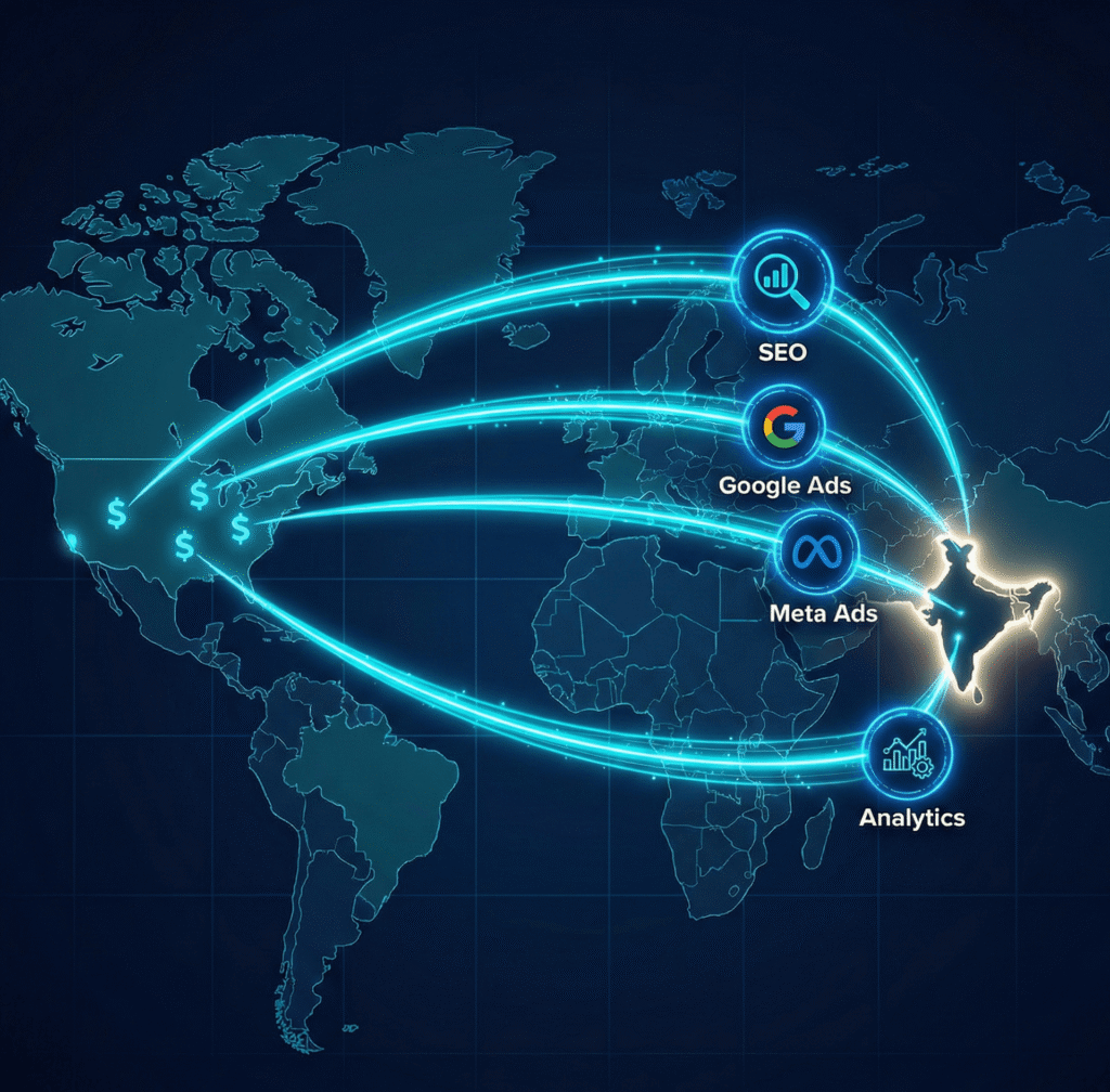 High-tech world map illustration showing four glowing blue arcs extending from the USA, marked with dollar signs, to a glowing India. The arcs connect to icons and labels for "SEO," "Google Ads," "Meta Ads," and "Analytics," symbolizing outsourced digital marketing services.