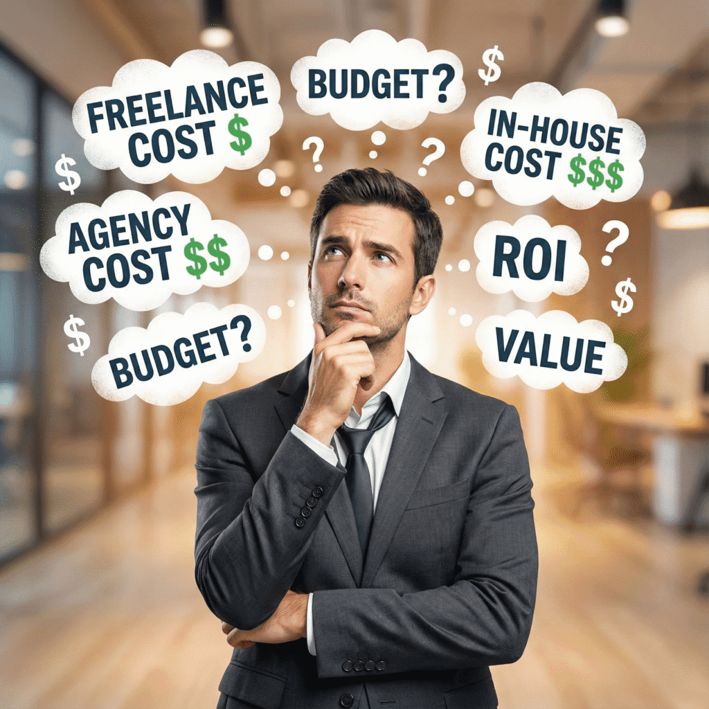 Confused businessman in a suit spreading his arms, illustrating the complexity of SEO costs and budgeting.